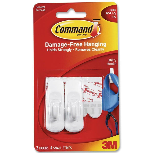 Command 17002 Small Utility Hook w/ Adhesive Strips, White, 2 Hooks &  4 Strips