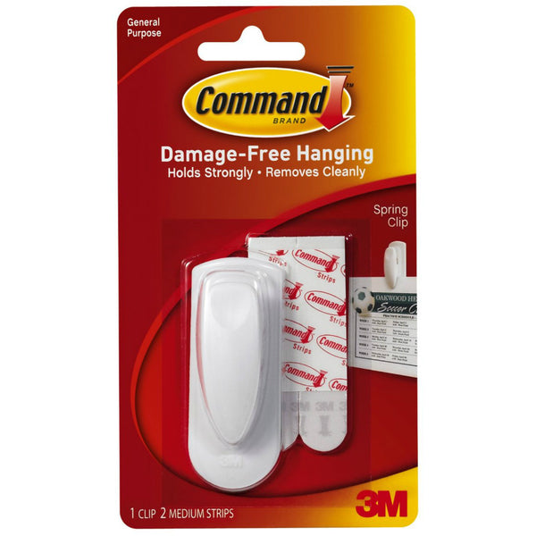Command 17005 Spring Clip with Adhesive Strips, White, 1 Clip & 2 Strips