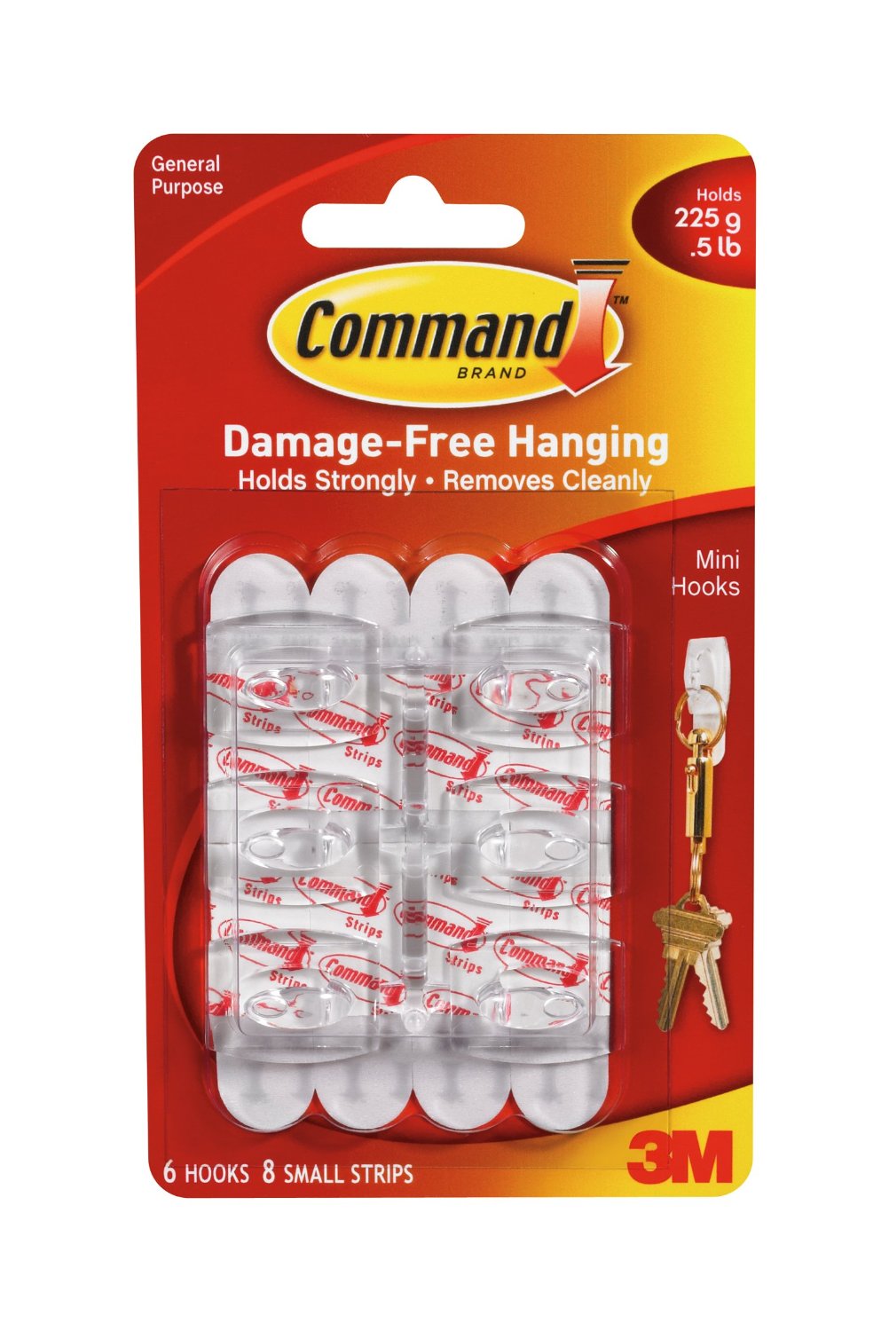 Command 17006 Mini Hooks with Adhesive Strips, White, 6 Hooks & 8 Strips