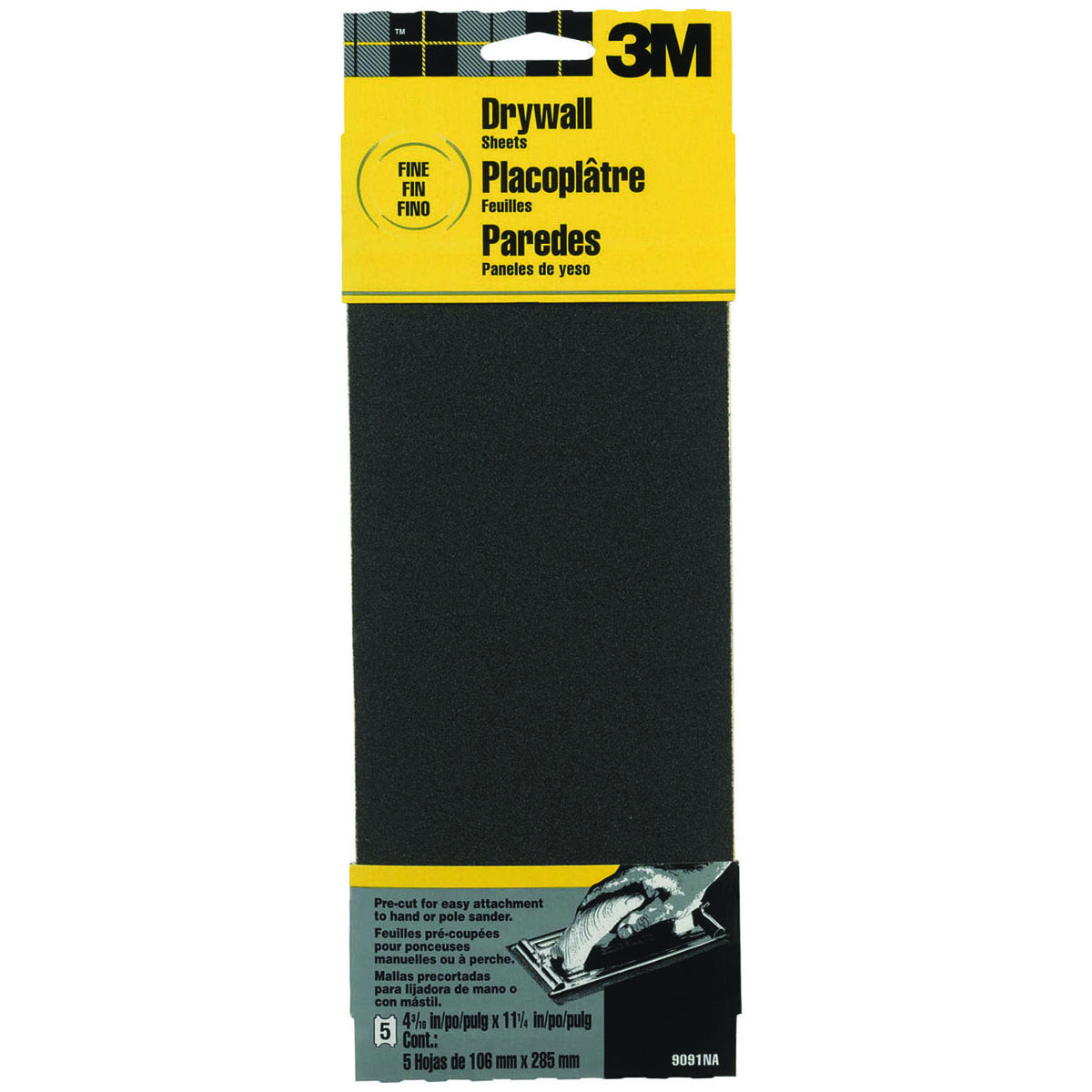 3M 9091 Drywall Sanding Sheet Sandpaper, 4-3/16" x 11-1/4", Fine, 5-Pack