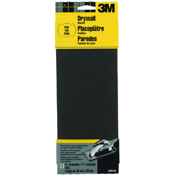 3M 9091 Drywall Sanding Sheet Sandpaper, 4-3/16" x 11-1/4", Fine, 5-Pack