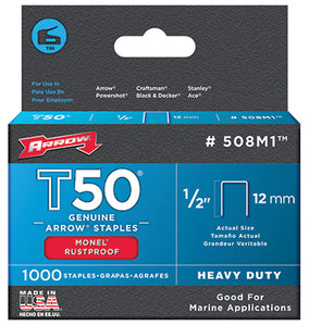 Arrow Fastener 508M1 Monel T50 Staples, 1/2", Stainless Steel