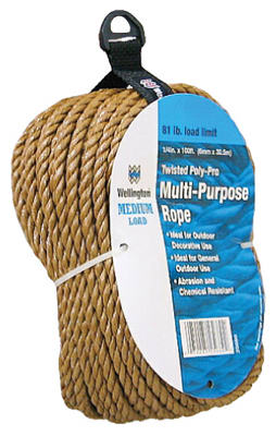 Wellington 25660 Unmanilla Twisted Polypropylene Rope, 1/4" x 100', Brown