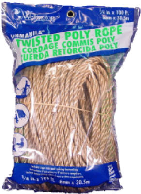 Wellington 25660 Unmanilla Twisted Polypropylene Rope, 1/4" x 100', Brown