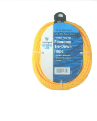 Wellington 16361 Polypropylene Rope, 3/8" x 50', Yellow