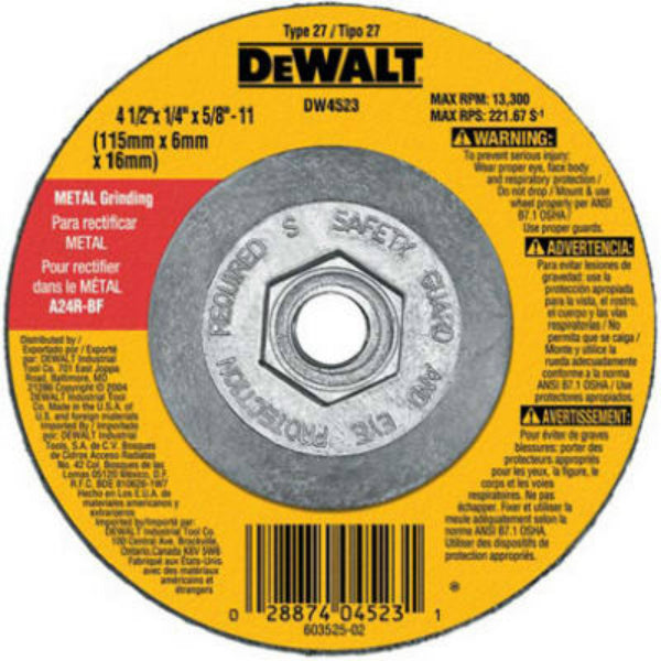 DeWalt® DW4523 High Performance Metal Grinding Wheel, 4-1/2" x 1/4" x 5/8"-11