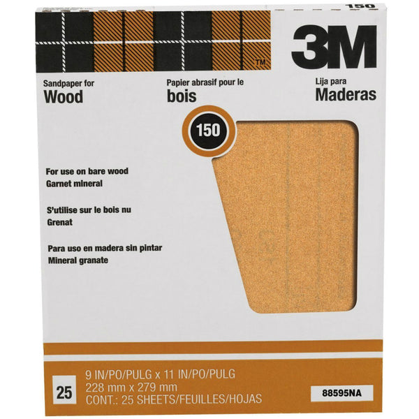 3M 88595 Pro-Pak Garnet Sandpaper, 150 Grit, 9" x 11", 25-Count