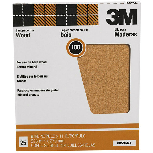 3M 88596 Pro-Pak Garnet Sandpaper, 100 Grit, 9" x 11", 25-Count