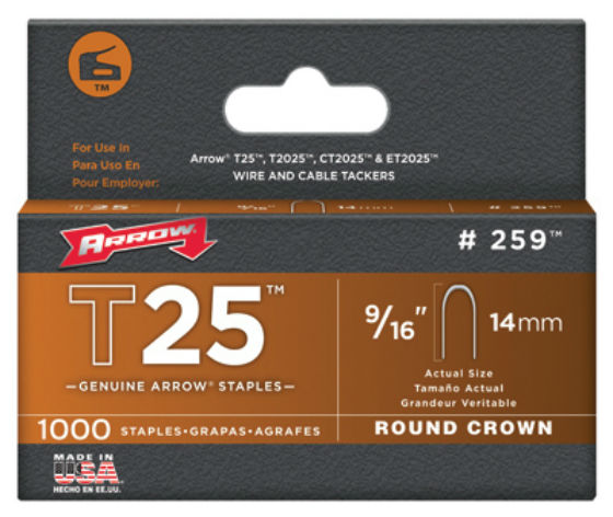 Arrow Fastener 259 Staple for T25, Round Crown, 9/16" (1000-Pack)