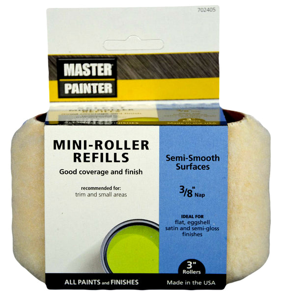 Master Painter MPS38-2PK Mini Roller Refills, 3" x 3/8" Nap, 2-Pack