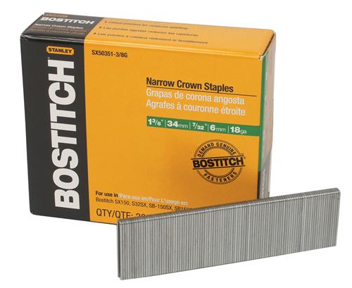 Bostitch® SX50351-3/8G Narrow Crown Finish Staples, 18-Gauge, 1-3/8", 3000-Pack