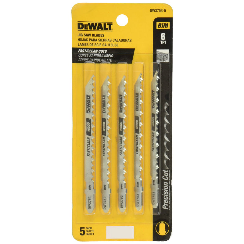 DeWalt® DW3753-5 T-Shank Clean Cutting Cobalt Steel Jig Saw Blades, 6TPI, 4", 5-Pk