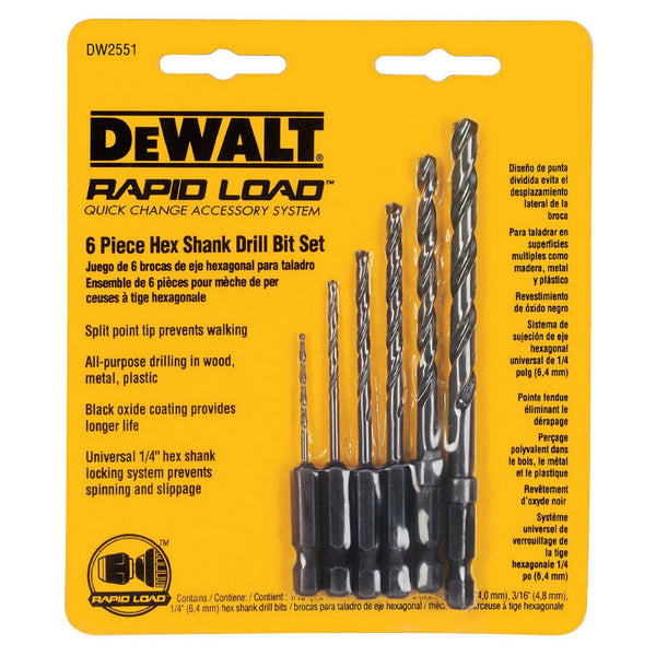 DeWalt® DW2551 Hex Shank Drill Bit Set, 6-Piece