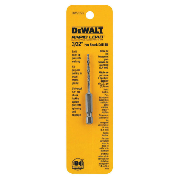 DeWalt® DW2553 Rapid Load® Quick Change Hex Shank Drill Bit, 3/32"