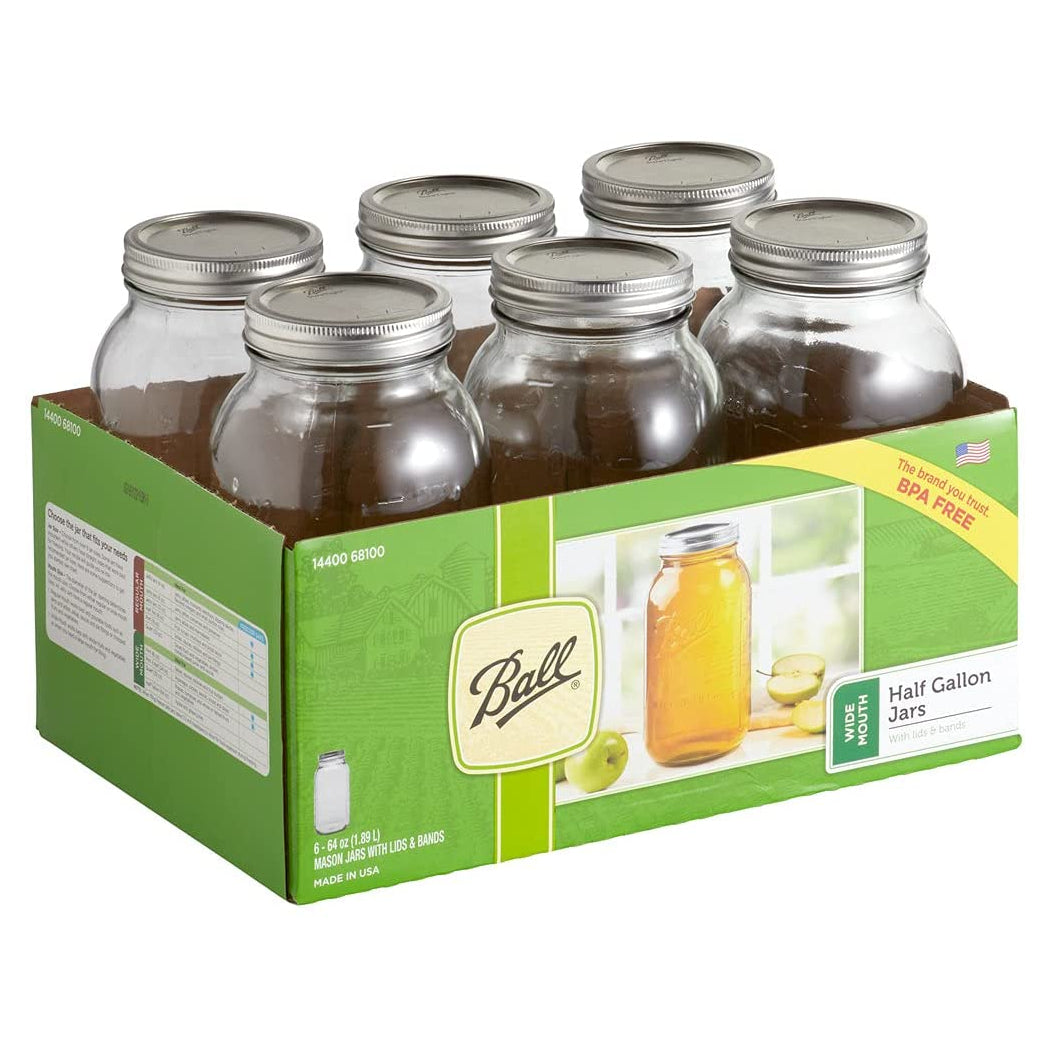 Ball 68100 Wide Mouth Glass Preserving Canning Mason Jars, 1/2-Gallon, 6-Count