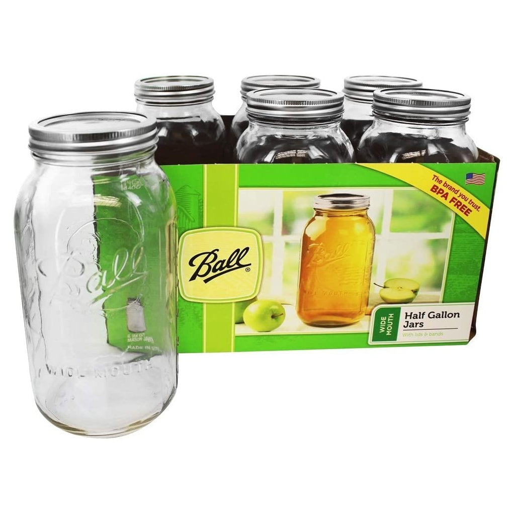 Ball 68100 Wide Mouth Glass Preserving Canning Mason Jars, 1/2-Gallon, 6-Count