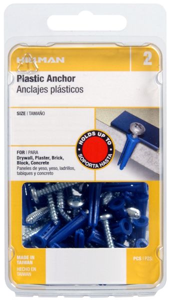Hillman 41404 Conical Plastic Anchor with Screws, 10-12 x 1", Blue, 25-Pack