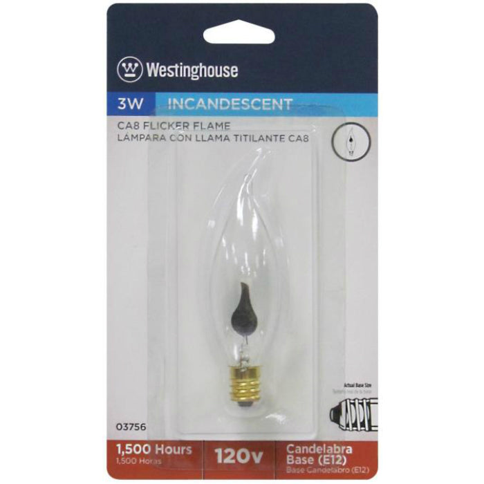 Westinghouse 03756 Candelabra Base CA8 Flicker Flame Light Bulb, 3W, Clear