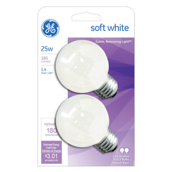 GE Lighting 31107 Incandescent G16.5 Globe Light Bulb, Soft White, 25W, 2-Pack