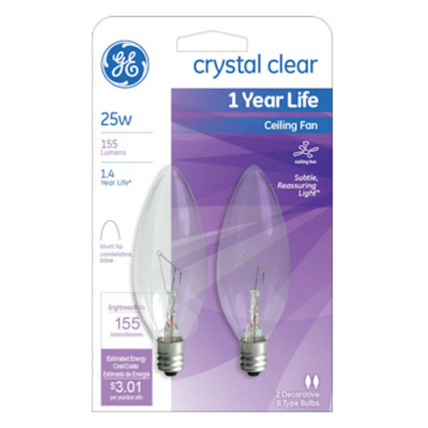 GE Lighting 81560 Blunt Tip Ceiling Fan Bulb, Crystal Clear, 25W, 2-Pack