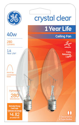 GE Lighting 81561 Blunt Tip Ceiling Fan Bulb, Crystal Clear, 40W, 2-Pack