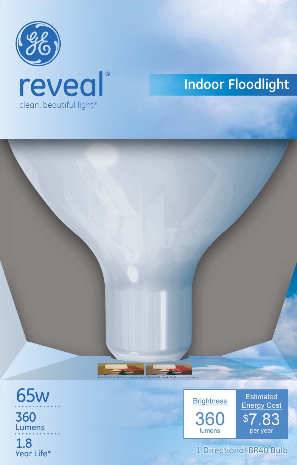 GE Lighting 87904 Reveal® Indoor Floodlight BR40 Bulb with Medium Base, 65W