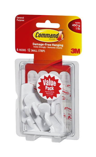 Command 17002-VP-6PK Small Utility Hook Value Pack, White, 6 Pack