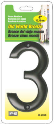 Hy-Ko BR-42OWB/3 Prestige series House Number 3 Sign, 4", Bronze Finish