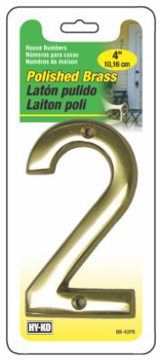 Hy-Ko BR-42PB/2 Prestige Series House Number 2 Sign, 4", Polished Brass