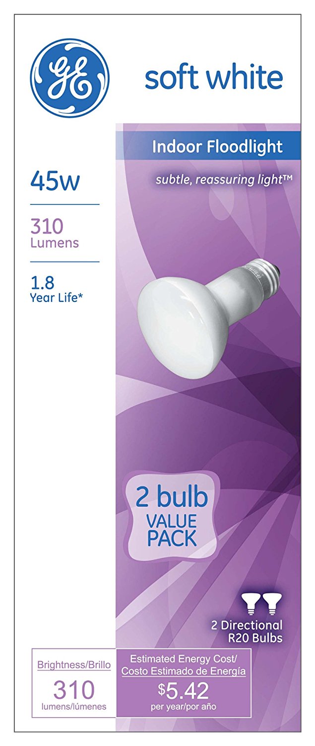 GE 18279 Medium Base Indoor R20 Floodlight Bulb, 45W, Soft White, 2-Pack