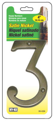 Hy-Ko BR-43SN/3 Prestige Solid Brass House Number 3, Satin Nickel, 4"