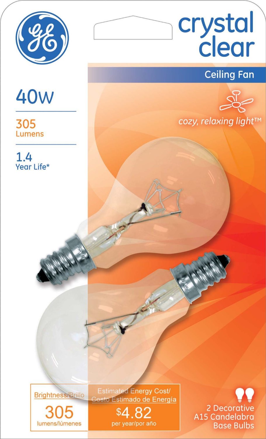 GE Lighting 71393 Candelabra Base A15 Ceiling Fan Bulb, Crystal Clear, 40W, 2-Pk