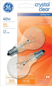 GE Lighting 71393 Candelabra Base A15 Ceiling Fan Bulb, Crystal Clear, 40W, 2-Pk