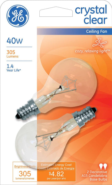 GE Lighting 71393 Candelabra Base A15 Ceiling Fan Bulb, Crystal Clear, 40W, 2-Pk