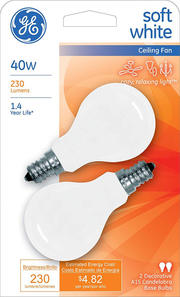 GE Lighting 71394 Candelabra Base A15 Ceiling Fan Bulb 40W, Soft White, 2-Pack