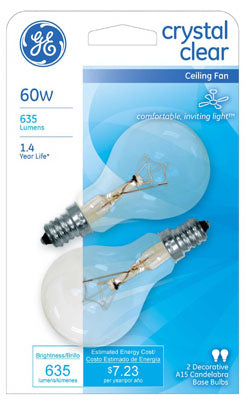 GE Lighting 71395 Candelabra Base A15 Ceiling Fan Bulb, Crystal Clear, 60W, 2-Pack