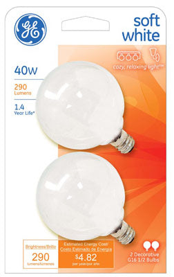 GE Lighting 44414 Candelabra Base G16.5 Globe Light Bulb, Soft White, 40W, 2-Pack