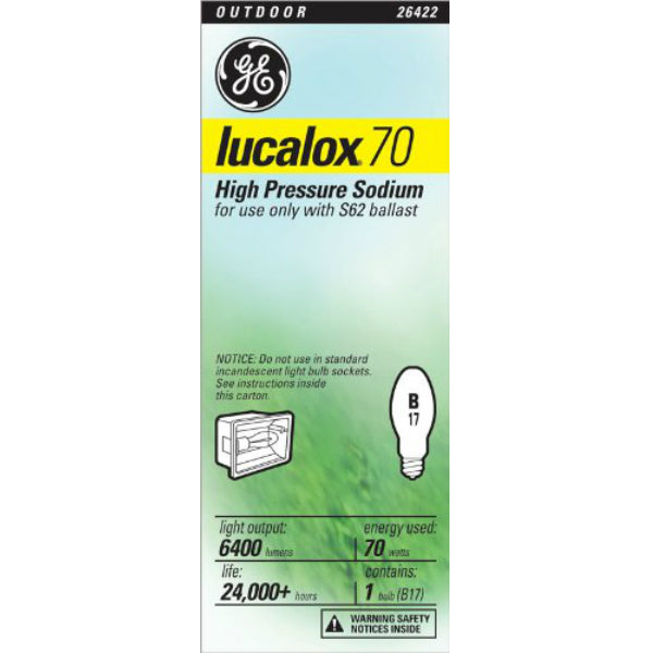 GE Lighting 26422 Lucalox® High Pressure Sodium B17 HID Light Bulb, Clear, 70W
