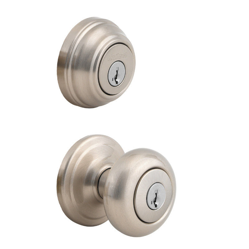 Kwikset® 991J-15-SMT-CP-K4 Juno Knob & Single Cylinder Combo Pack, Satin Nickel