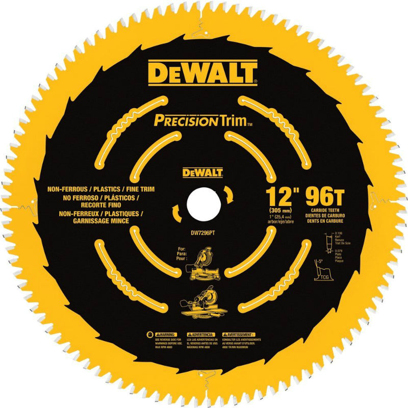 DeWalt® DW7296PT Precision Trim Ultra-Smooth Crosscutting Saw Blade, 12", 96 Teeth
