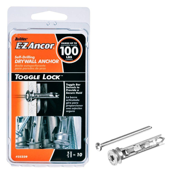 E-Z Ancor® 25220 Toggle-Lock™ Self-Drilling Drywall Anchors, 100 Lb, 10-Count