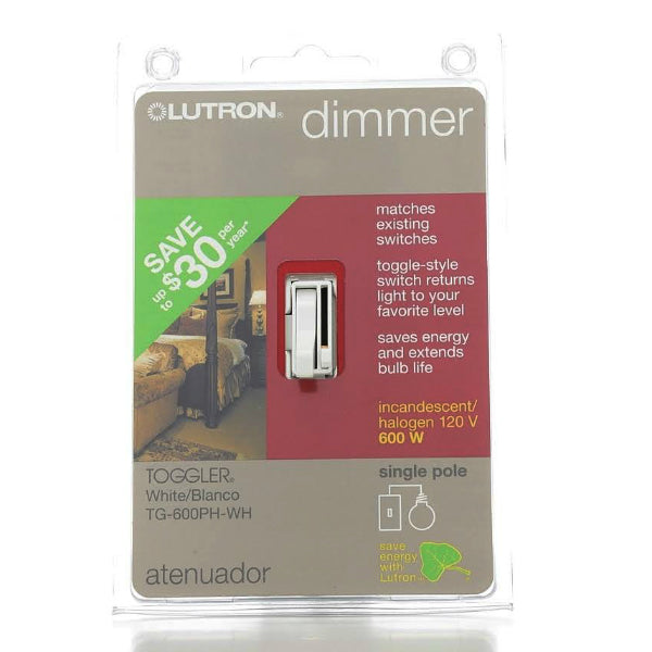 Lutron® TG-600-PH-WH Toggler® Preset Slide Incandescent Dimmer, 600W, White