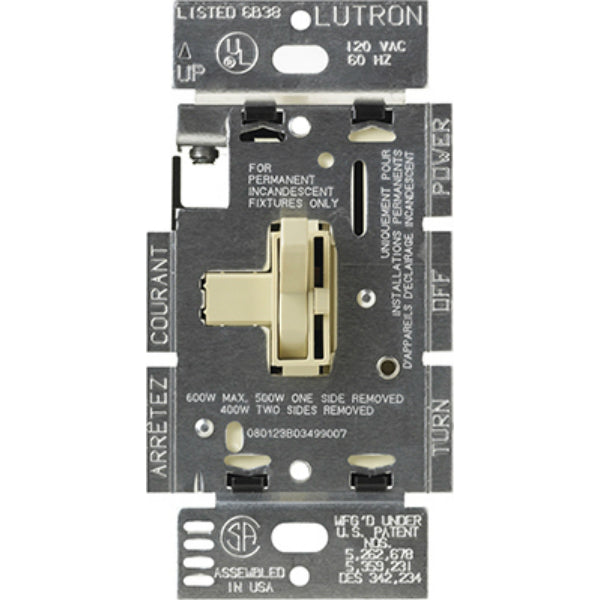 Lutron® TG-603PH-IV Toggler® 3-Way Preset Slide Incandescent Dimmer, 600W, Ivory