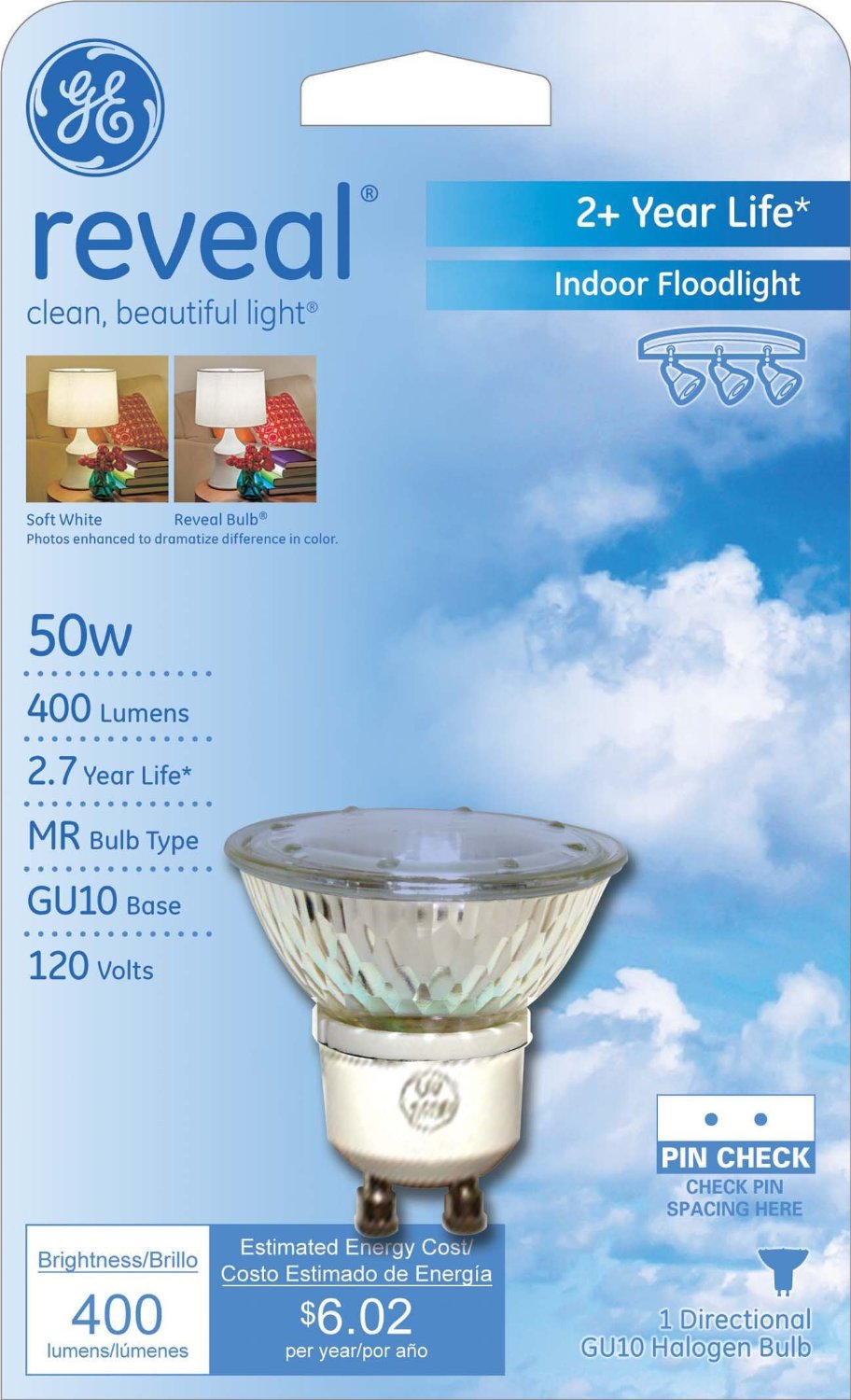GE Lighting 82143 Reveal® GU10 Base MR16 Halogen Floodlight Bulb, 50W