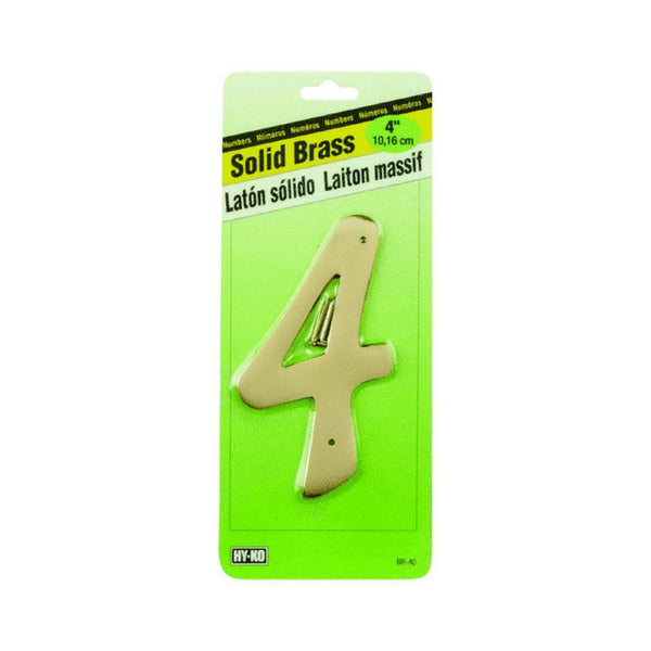 Hy-Ko BR-40/4 House Address Number 4 Sign, 4", Solid Brass