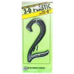 Hy-Ko PN-29/2 3-D Plastic House Number 2 Sign with Nails, 4", Black