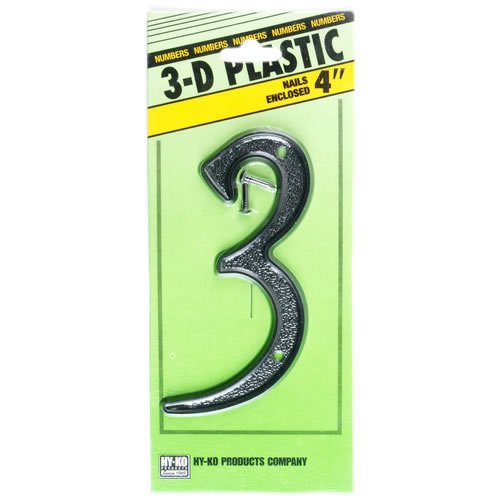 Hy-Ko PN-29/3 3-D Plastic House Number 3 Sign with Nails, 4", Black