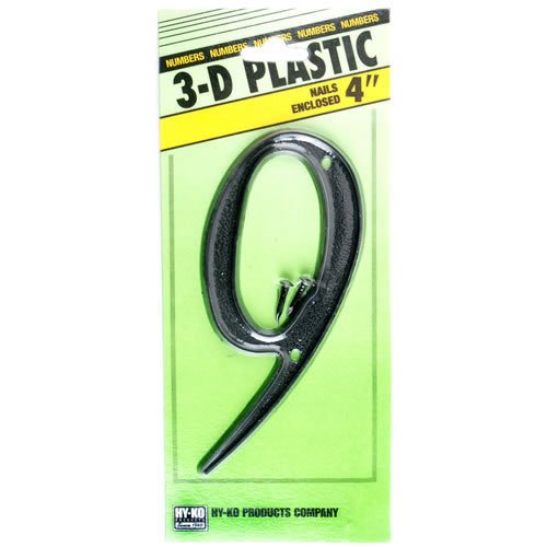 Hy-Ko PN-29/9 3-D Plastic House Number 9 with Nails, 4", Black