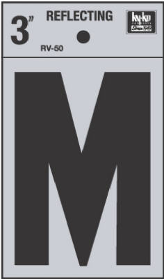 Hy-Ko RV-50/M Reflective Adhesive Vinyl Letter M Sign, 3", Black/Silver