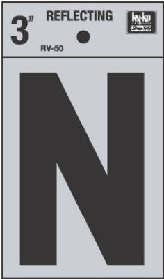 Hy-Ko RV-50/N Reflective Adhesive Vinyl Letter N Sign, 3", Black/Silver